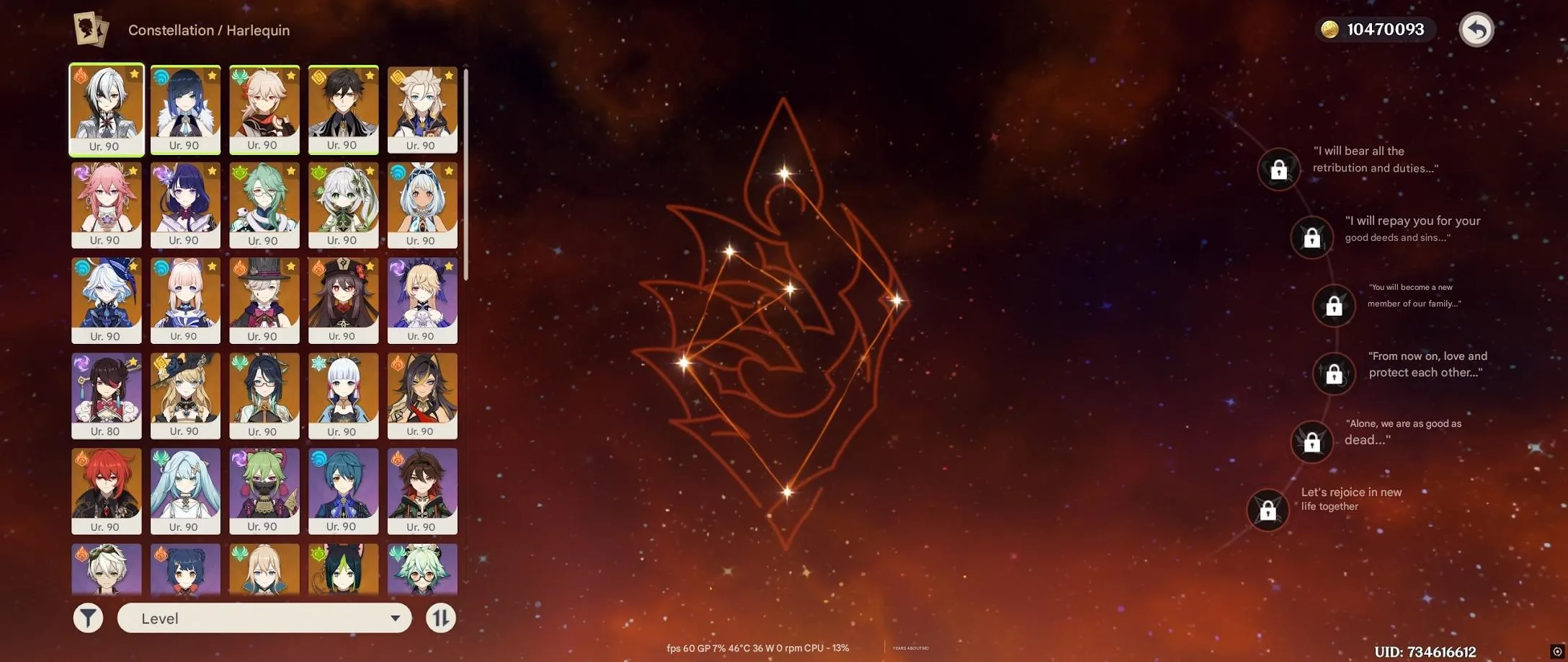 GI997 High-End AR60 Europe Account C1 Arlecchino C1 Yelan Furina Mualani Xianyun Navia Kazuha Many 5 star Weapons 